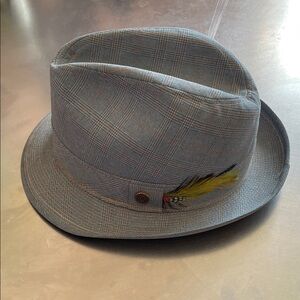 Stylish Vintage Blue Plaid Fedora with Feather Accent